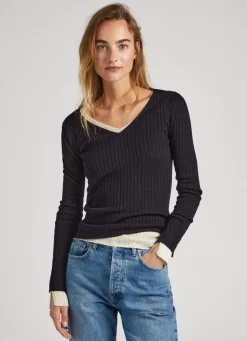 Mulher Pepe Jeans Malhas>Camisola Canelada Com Decote Em V