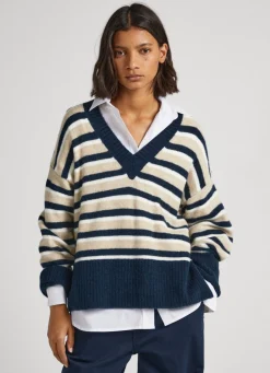 Mulher Pepe Jeans Malhas E Cardigans>Camisola Decote Em V As Riscas