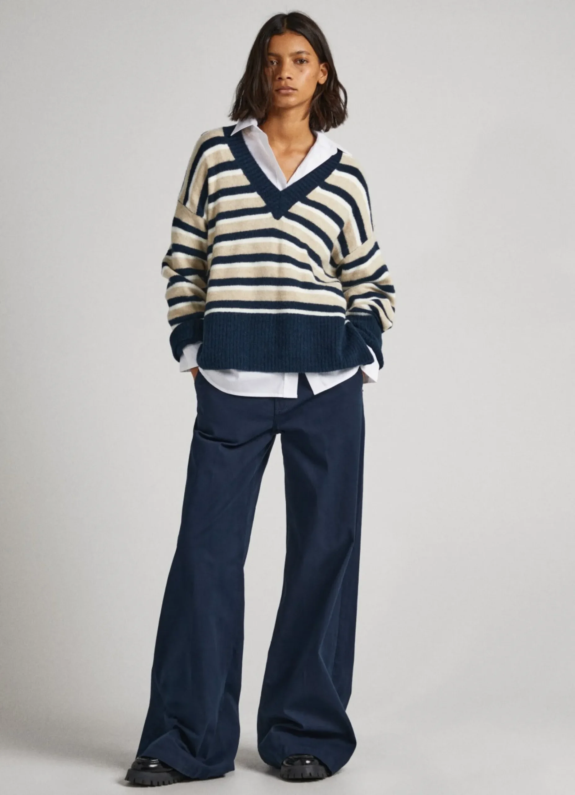 Mulher Pepe Jeans Malhas E Cardigans>Camisola Decote Em V As Riscas
